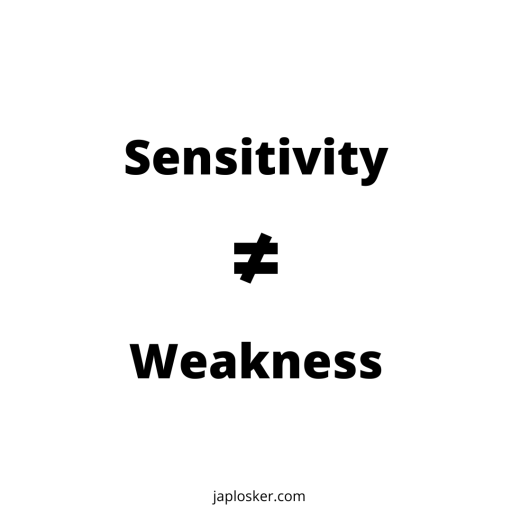 The word sensitivity is on top and the word weakness is on the bottom. In between is the sign for does not equal